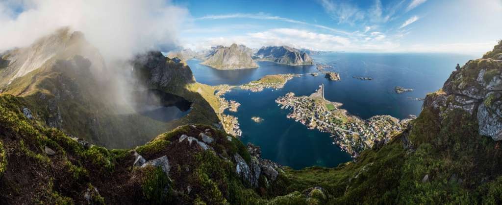 Panorama from the top of a mountain over a norwegian fjord, one og the best hiking and photography locations