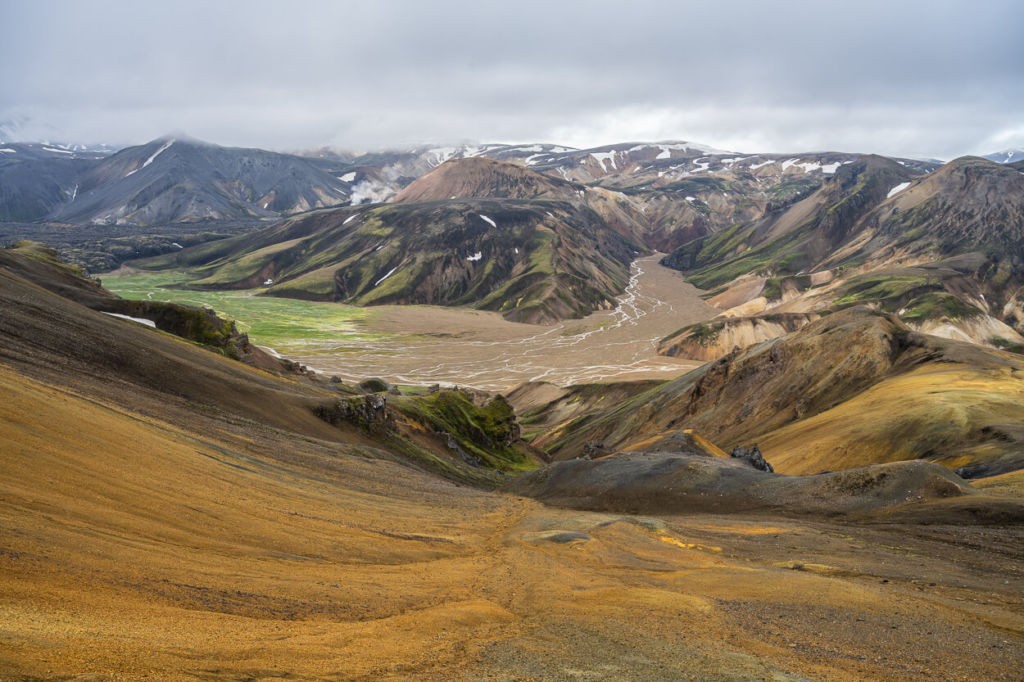 View from the Sudurnamur trail in Landmannalaugar over the Colorful Rhyolite mountains and the surrounding landscape