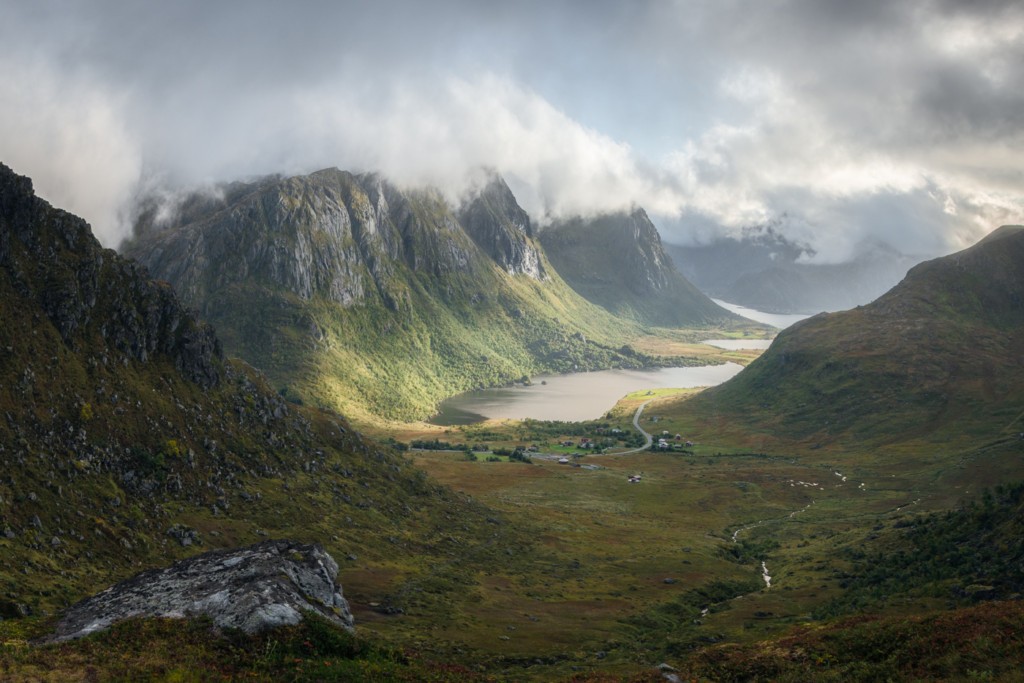 The Stornappstinden Hike on Flakstadøya, view toward the lake in the middle and the surrounding mountains