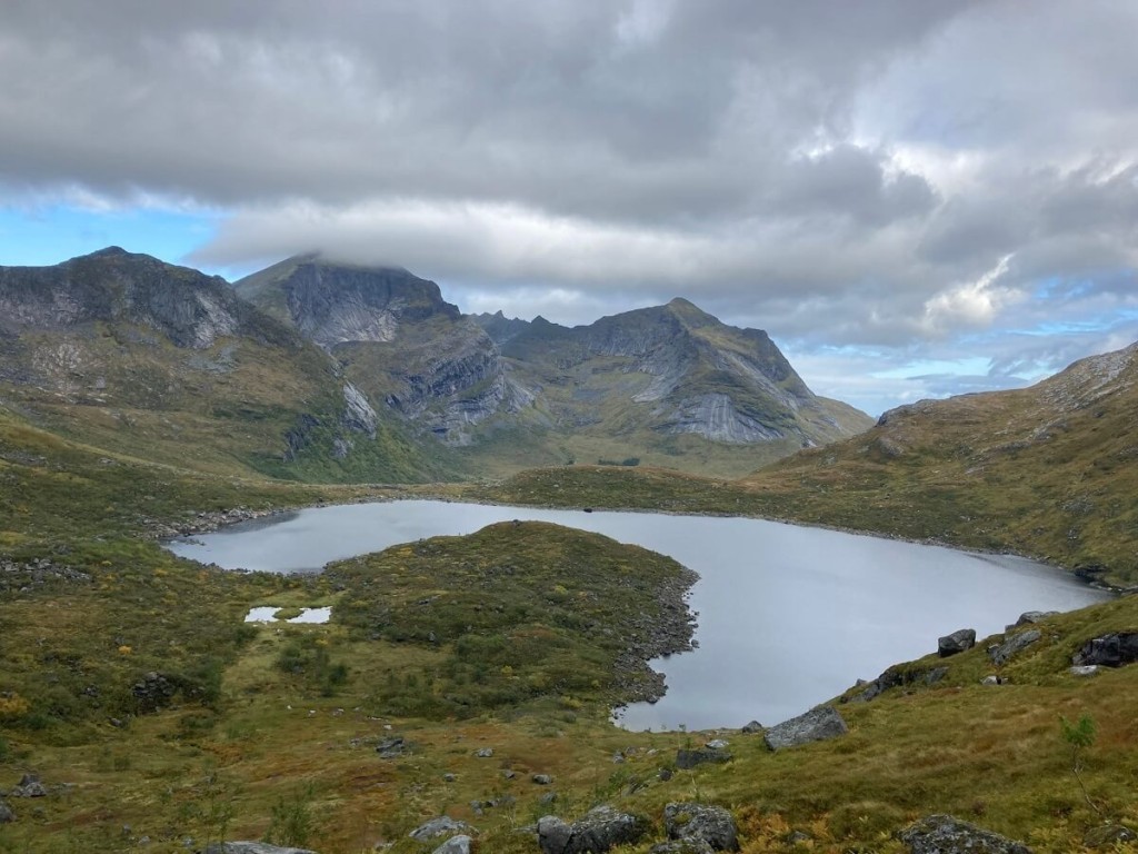 Vie of a small lake on the trail to the makran summit in the lofoten islands