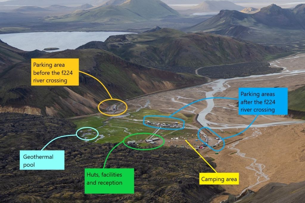 Overiew of the landmannalaugar camping area with color coder explanations