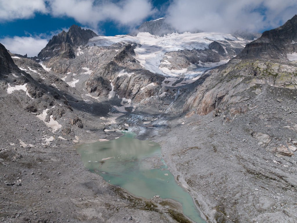 The Sidelengletscher and Alber Heim Hütte Hike, Aerial view of the glacier and its lake
