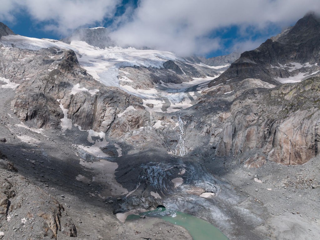 Aerial view of the glacier and its lake
