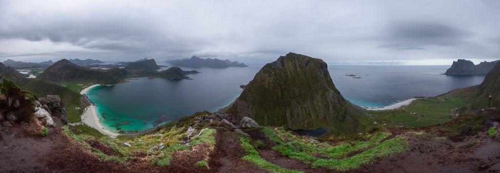 Panoramic view of the sea in norway from the top of a mountain