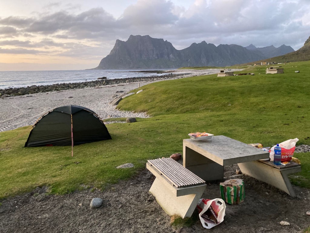 One person tents for hiking photographers, tent on the beach in the Lofoten