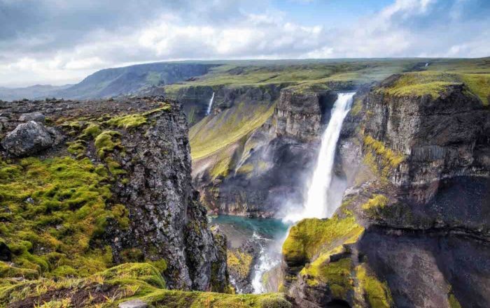 view of the Haifoss waterfall from the top of the cliff