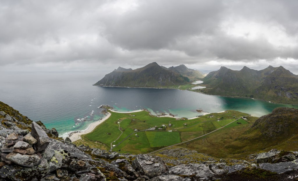 Panoramic View over the Norwegian Fjord of Flakstadpollen and the mountain Hustinden