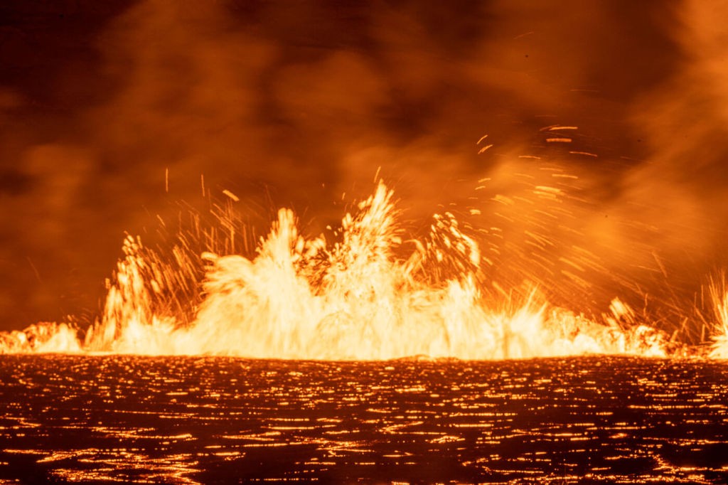 Lava fountains at night.