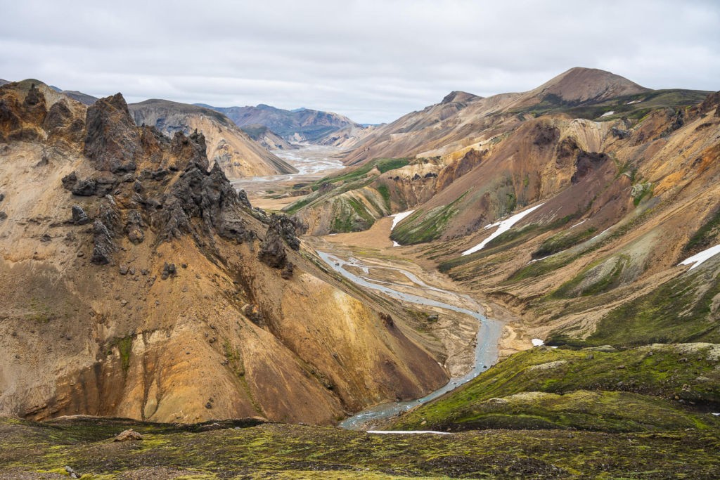 View of the Landmannalaugar mountains from a ridge on the trail
