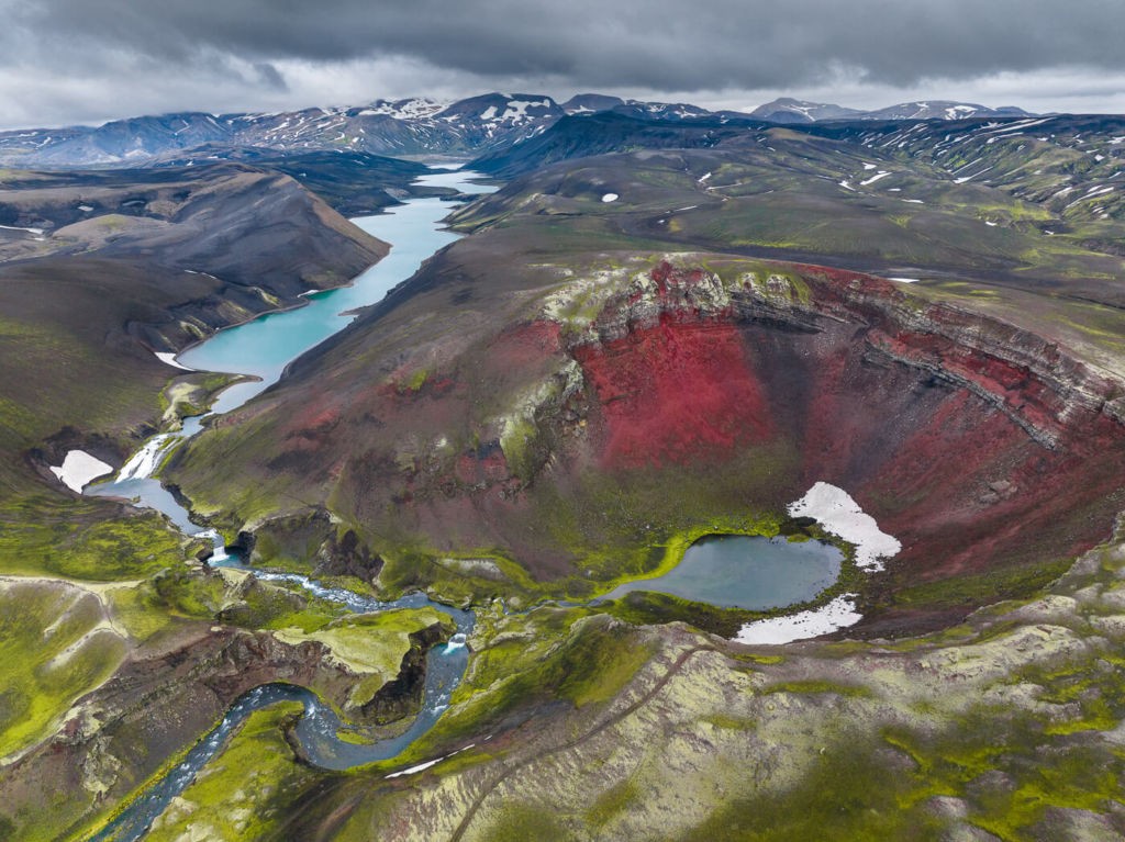 Raudibotn, a Gem in the Highlands drone shot of the crater and Holmsarlon