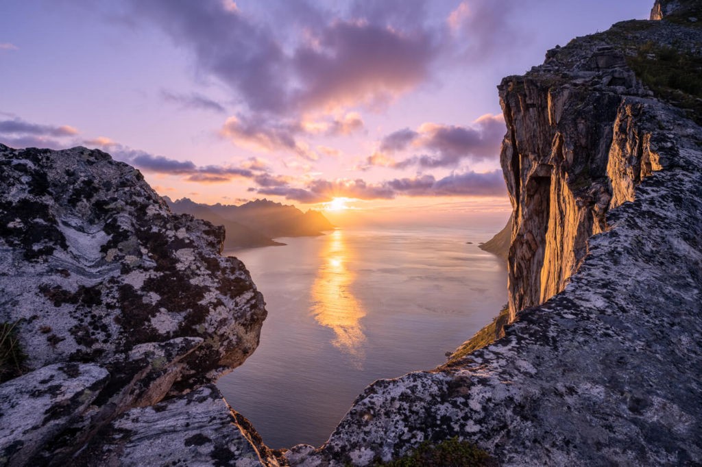 Sunset from a ledge over a Norwegian Fjord