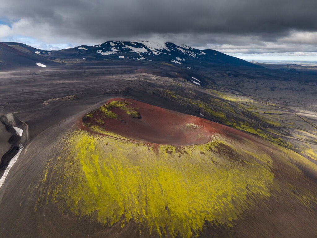 Rauðaskál or apple ccrater with the Volcano Hekla in the background