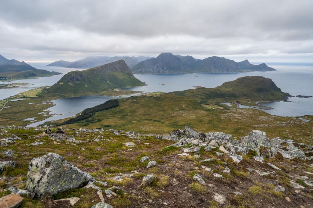 Mountains and fjords viewed from the top of a mountain in the lofoten islands.