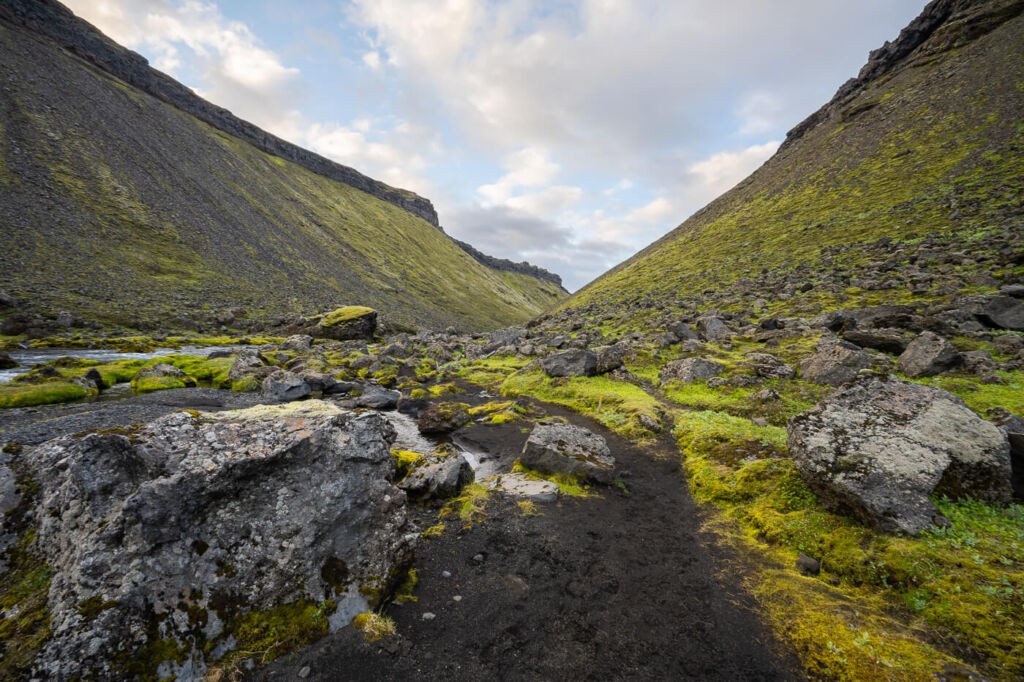 A trail inside the Eldgja fissure in the highlands of Iceland