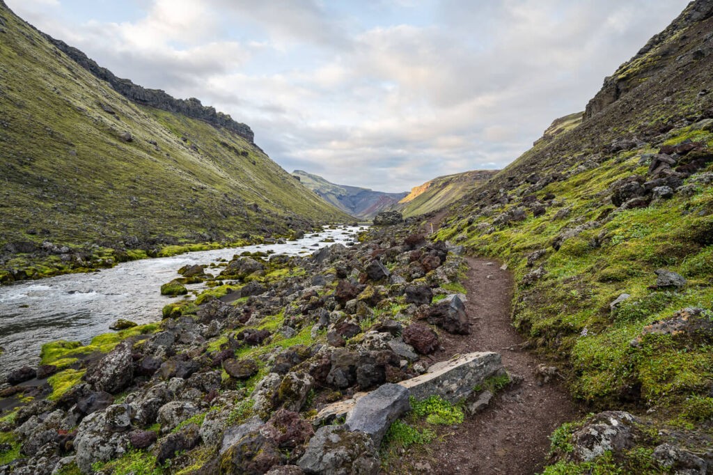 A hiking trail in the highlands of Iceland, next to the river in the Eldgja fissure