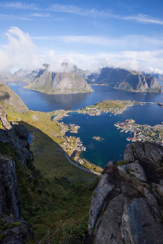 Vertical Panorama from reinebringen with view over reine and the blue waters of the Reinefjord