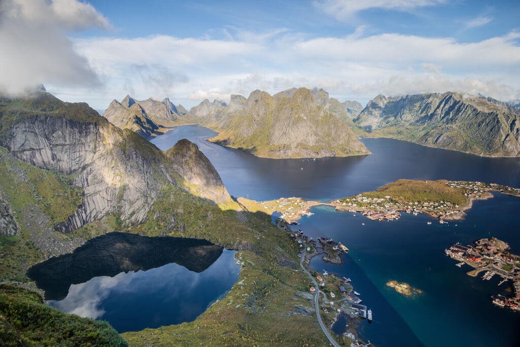 the Reinebringen Hike on the Lofoten Islands view from the top over norwegnian fjord