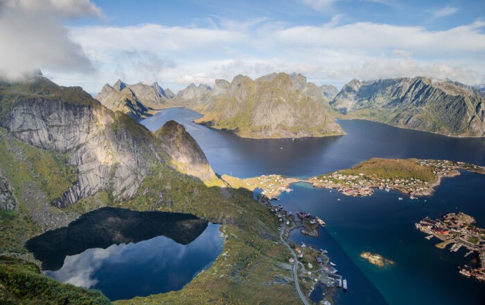the Reinebringen Hike on the Lofoten Islands view from the top over norwegnian fjord