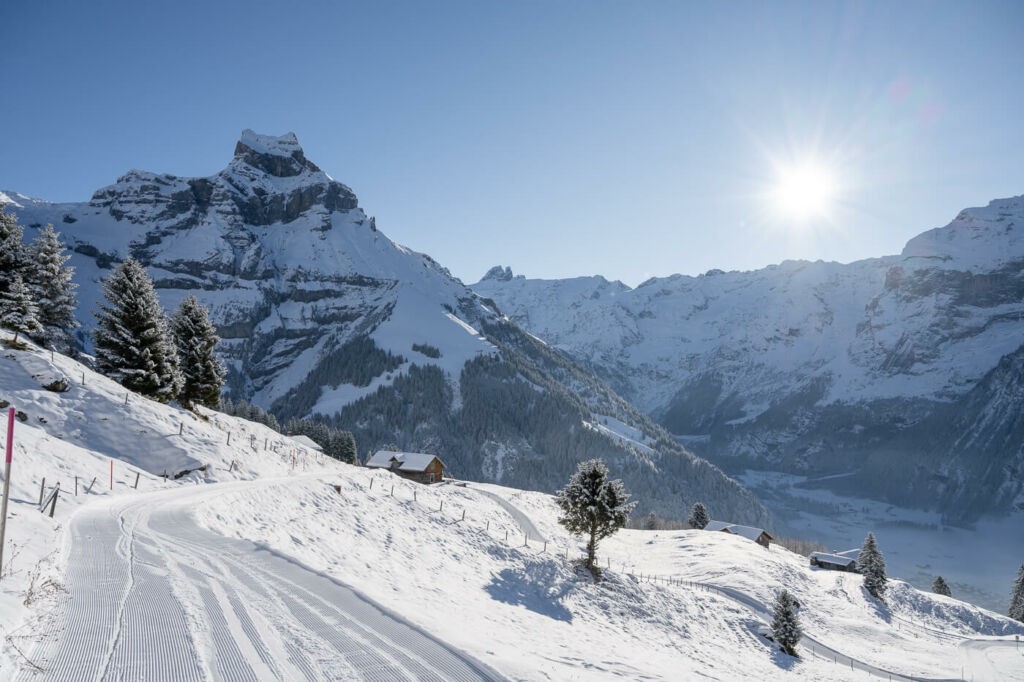 Snowshoe trail in the swiss alps around Engelberg on a Sunny morning