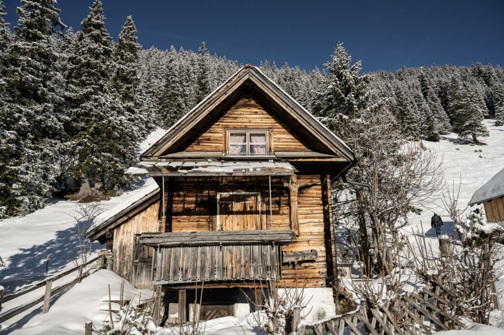Alpine hut in winter in the Swiss alps along the Engelberg Ristis Snowshoeing trail