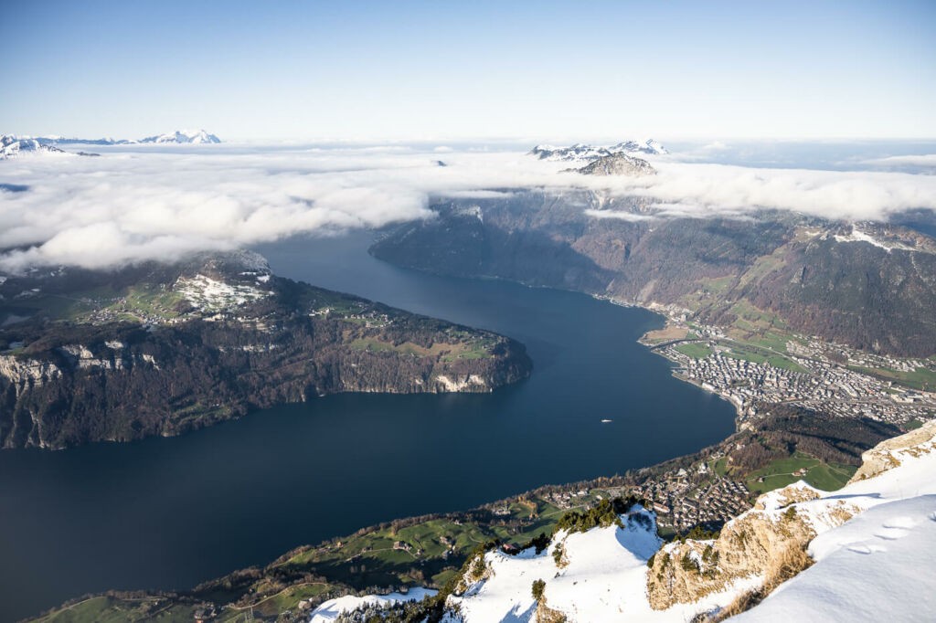 Lake Lucerne viewed from the top of Fronalpstock on a sunny winter day.