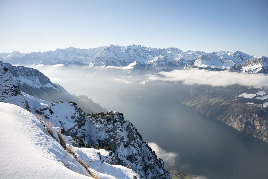 Snowy landscape above lake lucerne in Switzelrand 