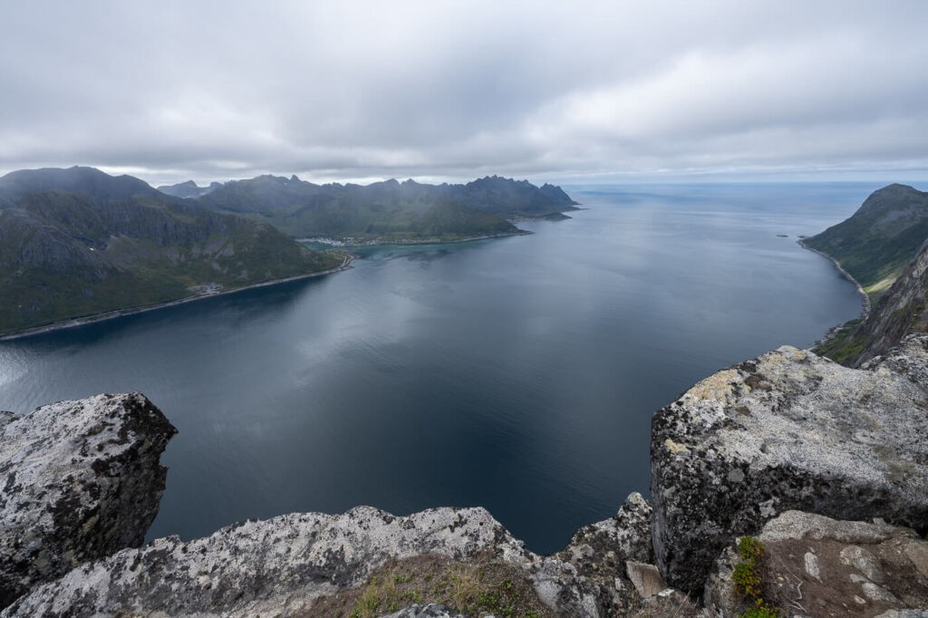 view of Mefjorden toward the ocean an the mountsin surrounding it