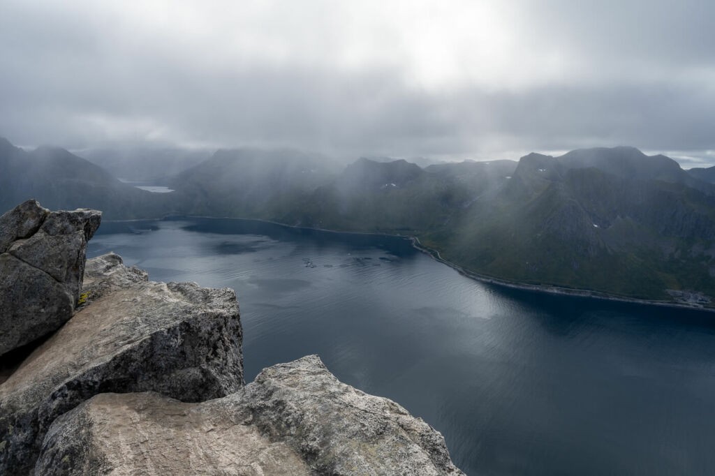Mefjorden, a fjord in the norwegian island of Senja on a cloudy day