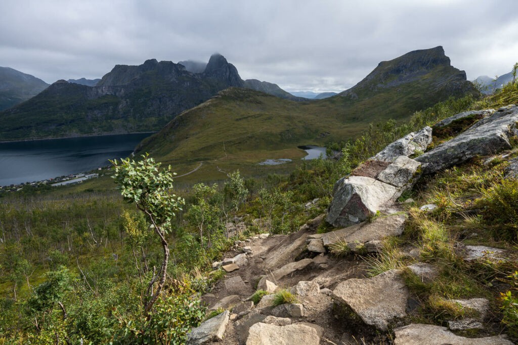 Light on a trail on an otherwise cloudy day on the island of Senja in Norway