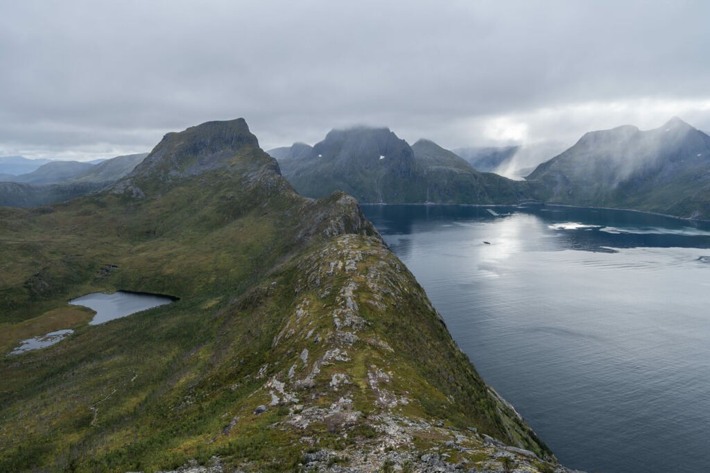 View of Mefjorden on the island of senja from the trail to segla on a hike