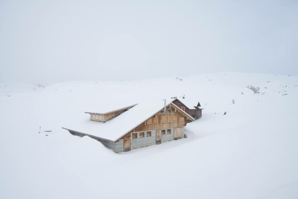 Alpine hut under the snow in the alps in Engelberg