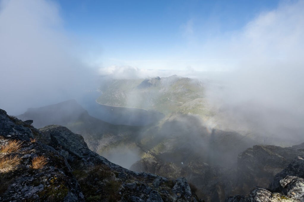 View of Norwegian fjords on the summit of Grytetippen on the island of Senja.