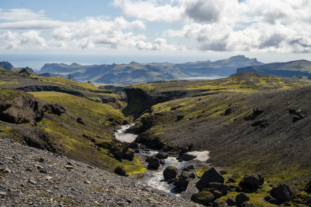 Icelandic landscape in Thakgil on a sunny day and Mýrdalssandur.