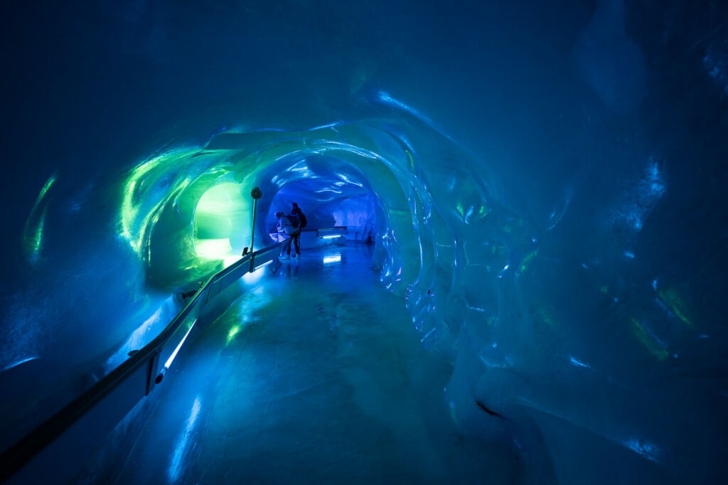 Green lights in the titlis Glacier Cave