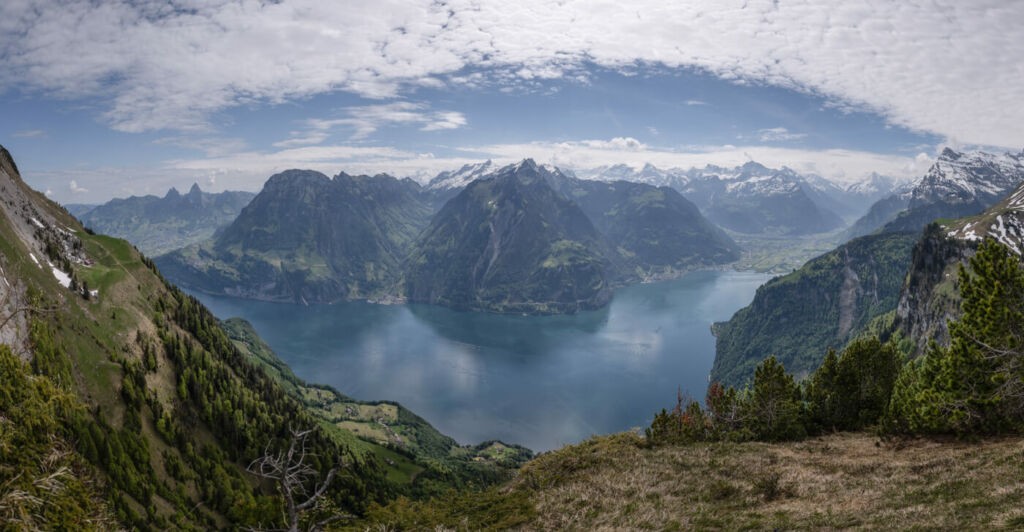 Panoramic image of Lake Lucerne on a sunny day