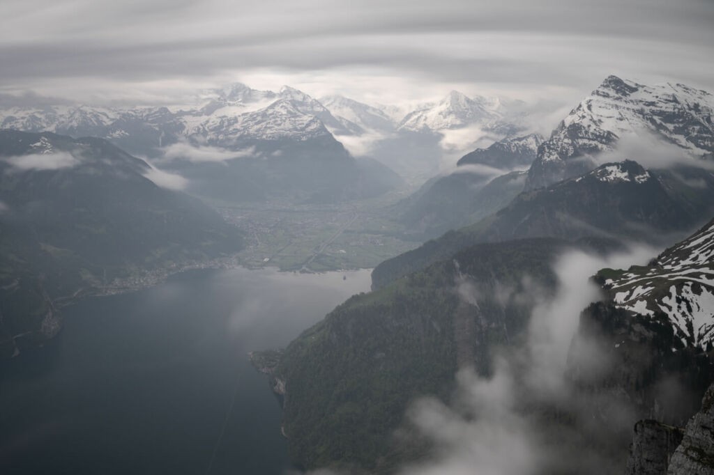 Cloudy and misty landscape of the alps around lake Lucerne.