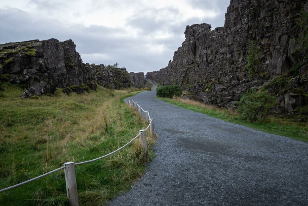 The trail to Oxarafoss in a rift valley in Iceland