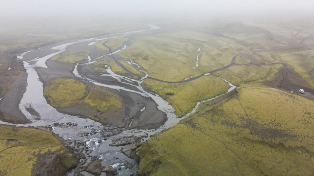 Drone view of a river in the highlands of Icealand