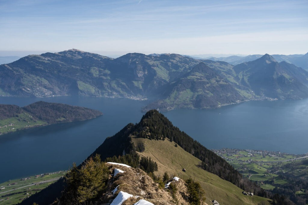 View of mount Rigi and Lake Luzern during a hike to the top of the Buochserhorn