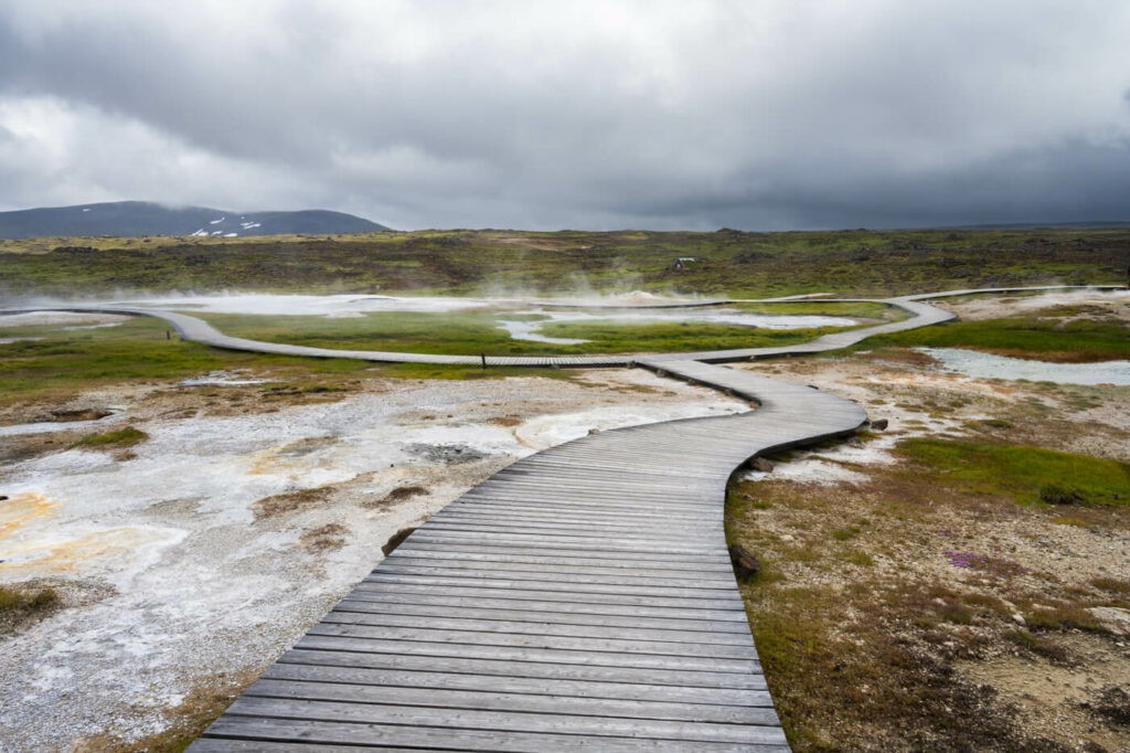 boardwalk in the Hveravellir geothermal area in the highlands of iceland