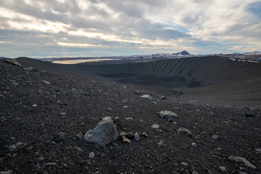 view of the Hverfjall extinct volcanic crated on a hike around the rim