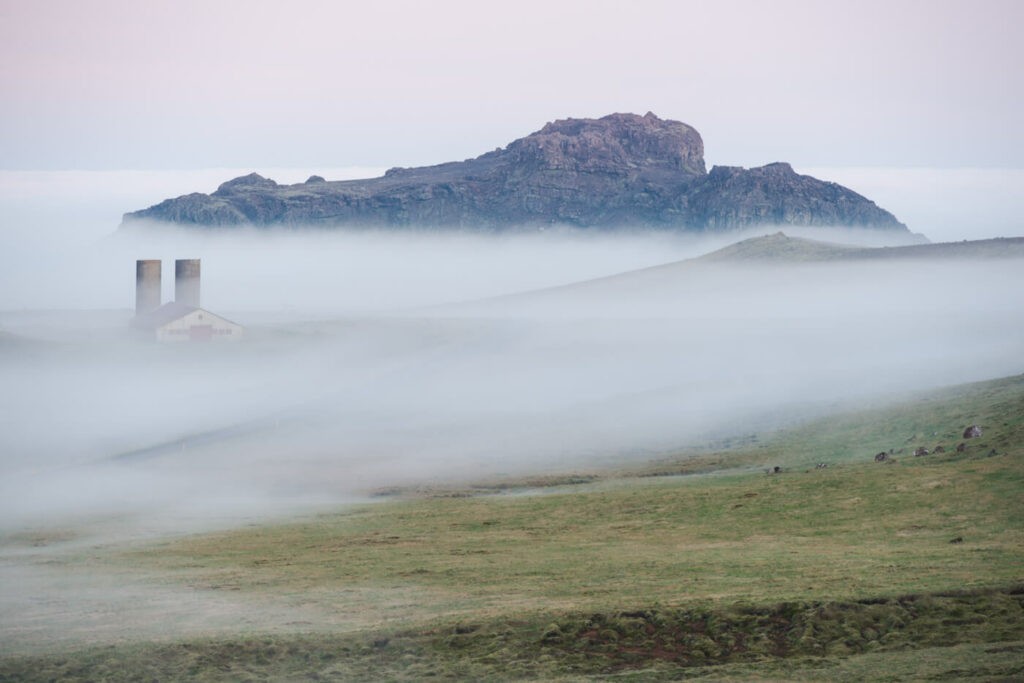 Farm in the fog in Krysuvik