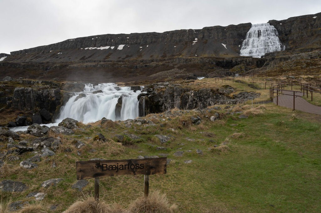 Bæjarfoss waterfall the first waterfall on the Dynjandi waterfall hike, with Dynjandi in the background