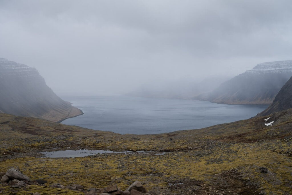 Fjord in the Westfjords region of Iceland on a cloudy morning