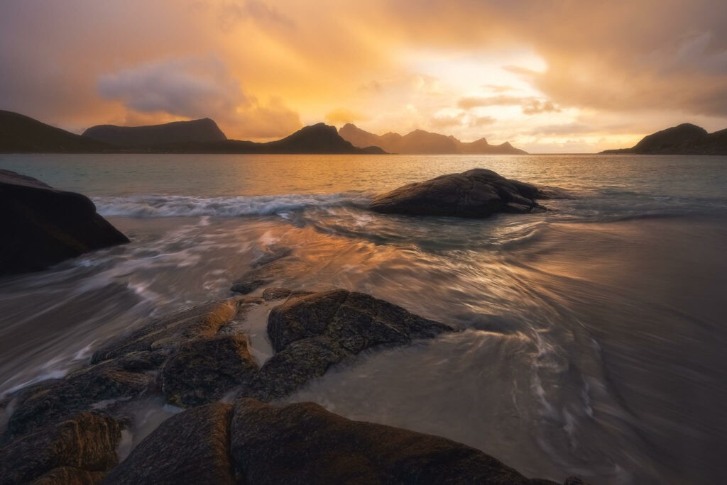 Colorful Sunset Haukland beach in the Lofoten Islands in Norway