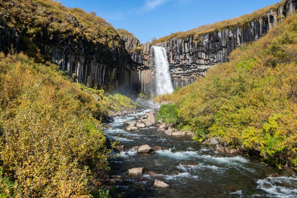 Svartifoss Waterfall from the bridge across the river