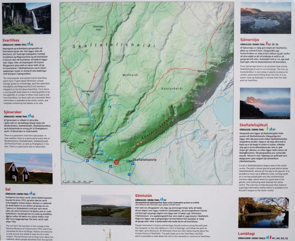 Map of the Hiking trails around Svartifoss in the Skaftafell national park.