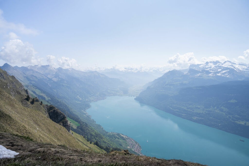 The blue waters of the Brienzersee on a sunny day viewed from the Augstmatthorn.