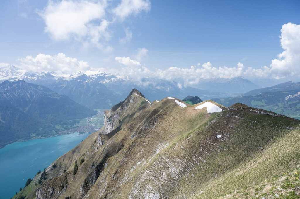The trail to the Augstmatthorn on a sunny day with a view of Lake Brienz