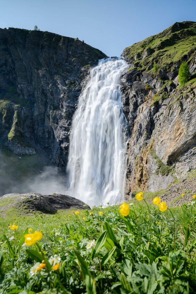 The upper Engstligen Falls with flowers in the foreground taken during a hike.